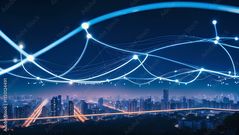 Aufkleber a luminous network of lines and nodes overlays a cityscape at night, visualizing digital connectivit