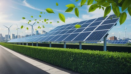 Solar panels and wind turbines generate clean energy with leaves blowing in the wind, representing renewable resources and sustainability in a modern setting.