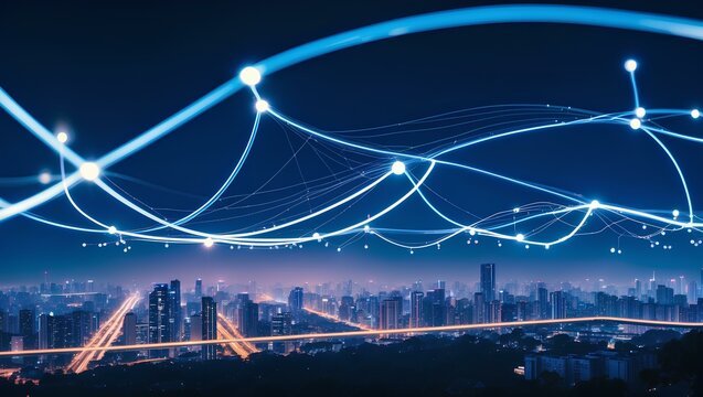 A luminous network of lines and nodes overlays a cityscape at night, visualizing digital connectivity, data flow, and technological infrastructure.