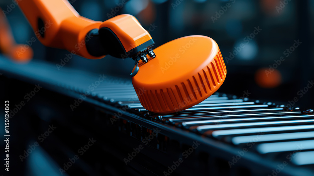 Poster close up of automated factory showcasing robotic arm gripping object on conveyor belt, highlighting 
