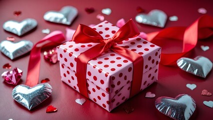 A wrapped gift with a red ribbon is surrounded by heart decorations, creating a festive and romantic display for Valentine's Day.