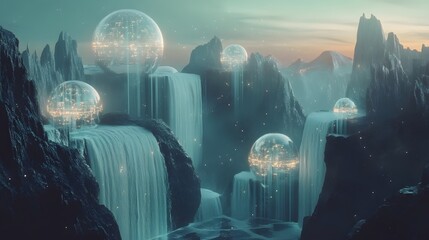 A futuristic city with glowing domes and crystal bridges set against a backdrop of cascading luminous waterfalls.