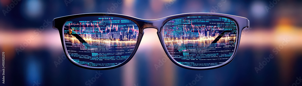 Poster close up view of glasses reflecting digital cityscape with data streams, showcasing advanced technol