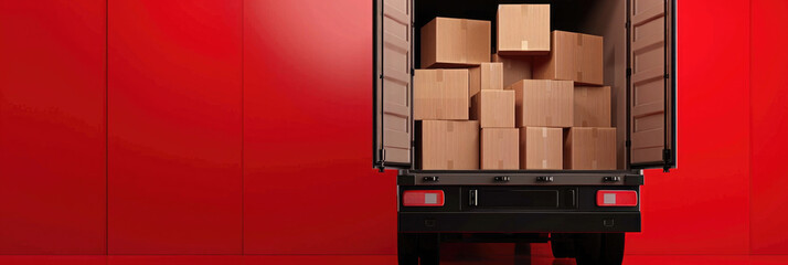 A delivery truck stands with its doors open, revealing several cardboard boxes stacked inside. The backdrop features a vibrant red wall, creating a striking contrast.