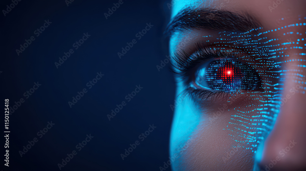 Poster close up of biometric facial scanning technology showcasing human eye with digital patterns and glow
