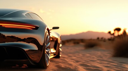 A sleek black sports car is parked on a desert highway at dusk, its design and nature blending into...