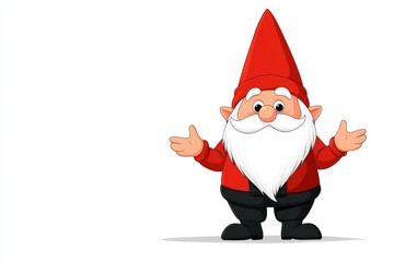 Obraz premium A minimalist illustration of a gnome with a red pointy hat and a long white beard, standing cheerfully against a clean white background