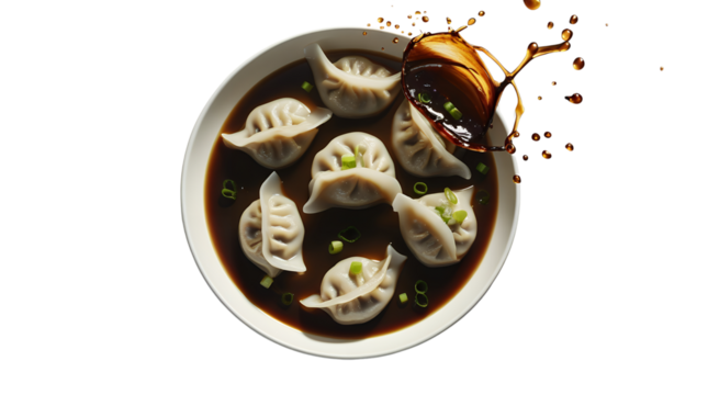 Delicious dumplings with soya Sause in bowl isolated on white background, png transparency