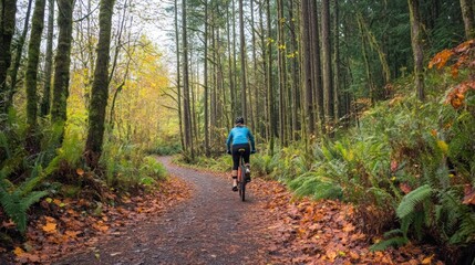 Obraz premium Cyclist on autumn trail through forest.