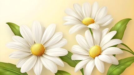 Fototapeta premium A delicate arrangement of white daisies and green leaves on a soft pastel yellow background for a cheerful spring vibe