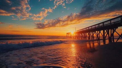 Breathtaking Sunset Over Ocean with Pier Silhouette and Waves