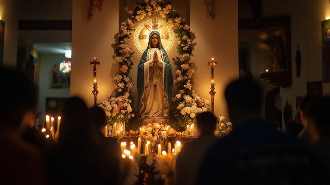 Catholics gather inside the church with a statue of Our Lady of Candelaria in the middle of the altar decorated with burning candles and fresh flowers, Ai generated images
