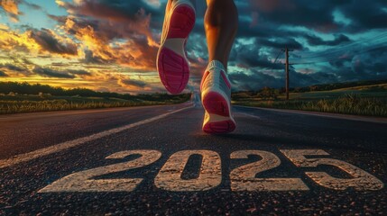 legs of a sportsman running on the road in sneakers with the inscription 2025 on the road, the concept of the start of the new 2025