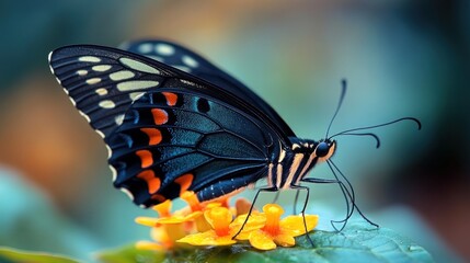 Obraz premium Close-up of a dark blue butterfly with orange and black markings perched on yellow flowers.