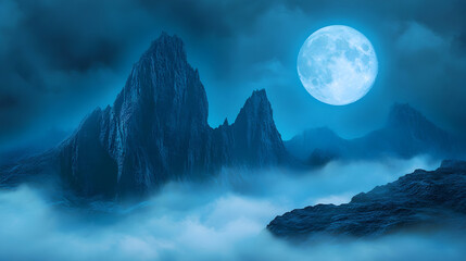 Surreal mountain peaks surrounded by soft glowing fog and illuminated by a radiant full moon casting a mystical light