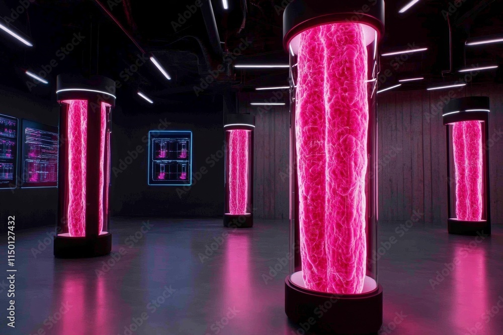 Poster a neon-lit cyberpunk laboratory showcasing a genetically modified organism in a glowing tank, surrou