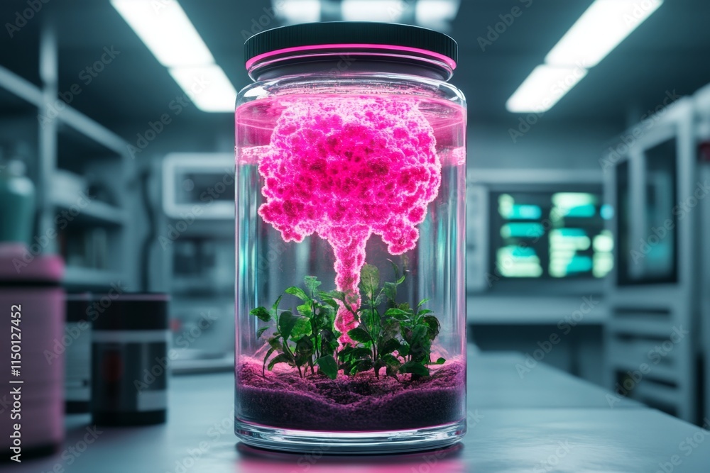 Poster a neon-lit cyberpunk laboratory showcasing a genetically modified organism in a glowing tank, surrou