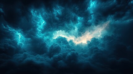 Dark stormy clouds, flashing lightning.