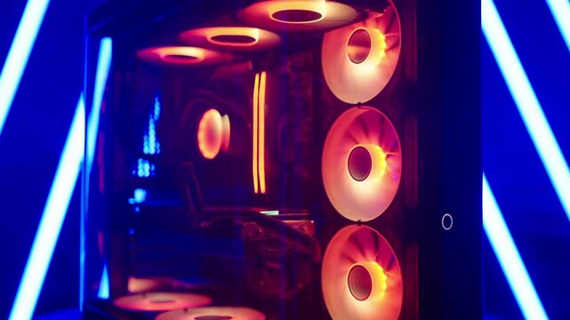 Revealing RGB gaming computer on LED light platform with neon tubes studio shot