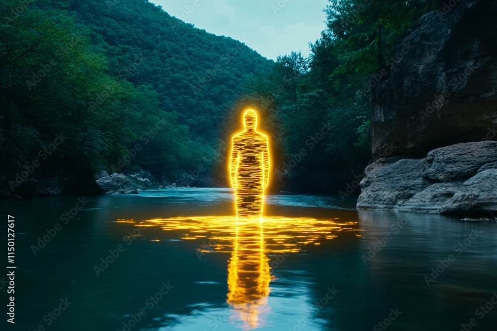 Poster a peaceful river scene with a glowing divine figure standing on the water, surrounded by soft light 