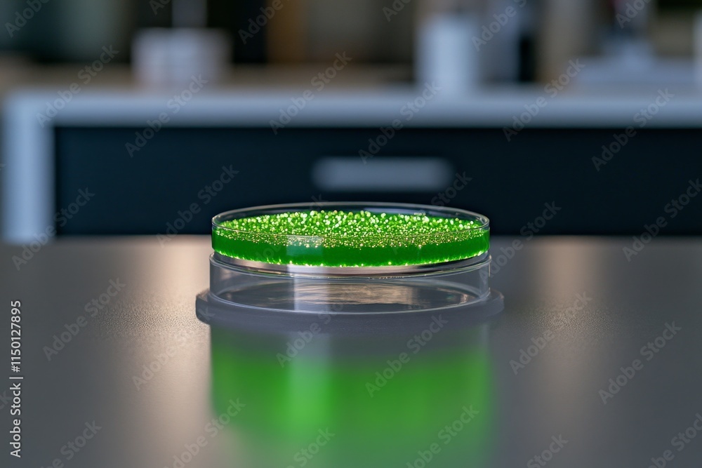 Poster a petri dish containing genetically modified algae glowing bright green under the light of a lab mic