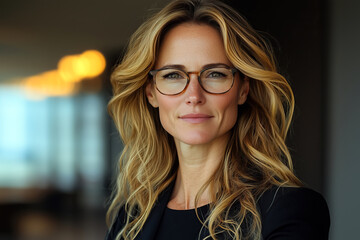 confident businesswoman formal glasses executive smiling approachable leadership polished intelligence poised dynamic corporate professional modern