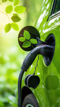 ev electric car charging with lush green plant sunlight nature vitality organic life ecology environmental