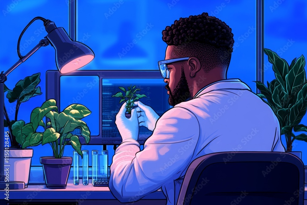 Aufkleber A pixel art depiction of a GMO lab with tiny glowing plants in test tubes and a scientist working at a retro-style computer console
