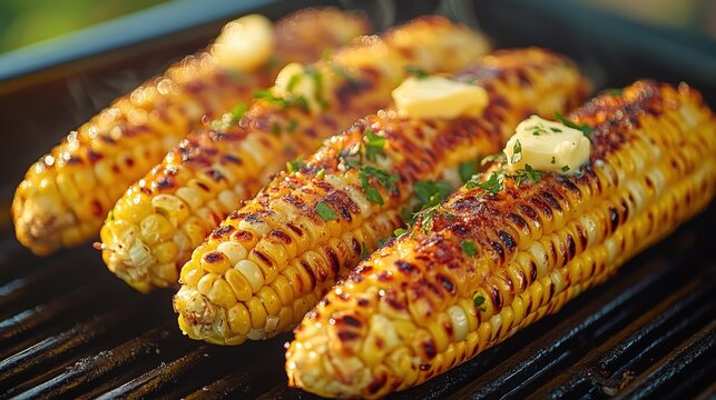 Grilled corn on the cob with butter and parsley. (1)