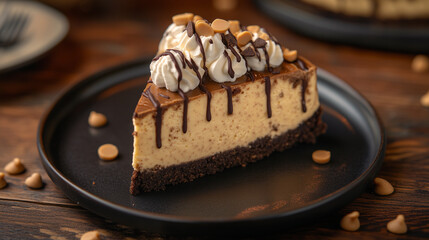 Decadent Peanut Butter Chocolate Cheesecake Slice with Whipped Cream and Caramel Drizzle