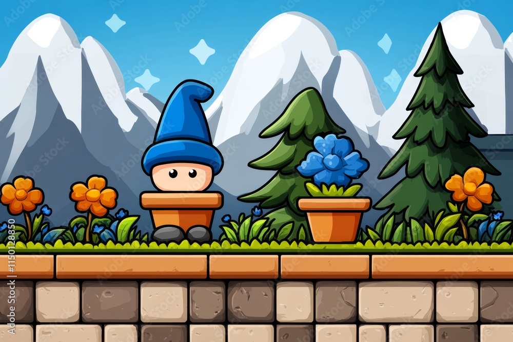 Poster a pixel art gnome garden with colorful flowers, animated sparkles, and tiny gnomes tending to crops,