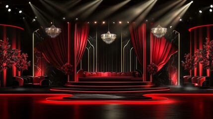 Luxury stage setup in deep red and black tones, with a sophisticated design ideal for premium occasions and performances.