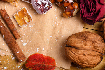 Sweet food Turkish delight on wooden background, assorted locum and candy as decorated backdrop