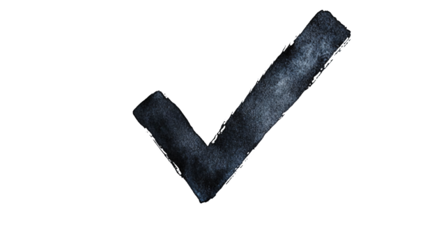 A black check mark   isolated on white and transparent background.