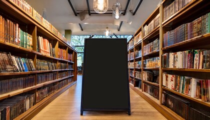 Generated image A blank black signage board stands out in a warmly lit bookstore filled with book-lined shelves