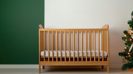 Babys crib with Christmasthemed bedding and soft holiday decorations, warm fairy lights adding a magical touch to the room