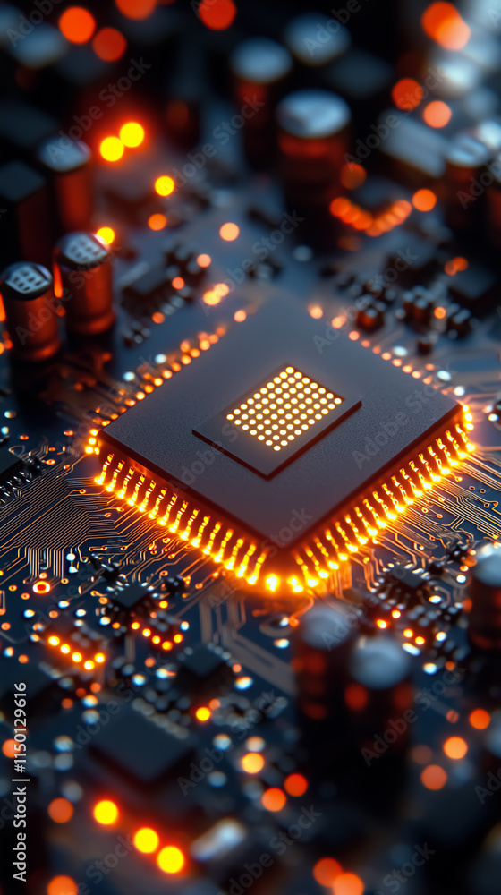 Poster glowing microchip digital technology innovation electronics futuristic circuitry artificial intelligence conceptual progress cyber science high-tech design