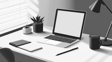 Minimalist Black and White Workspace with Laptop, Stationery, and Natural Light