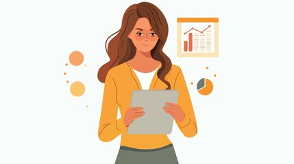 Obraz premium Young Woman Using Tablet Showing Business Graph Data Analytics