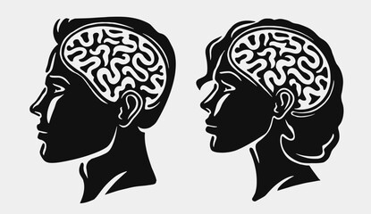 Brain in head. Portrait of man and woman with ideas or thoughts. Thinking, brainstorming