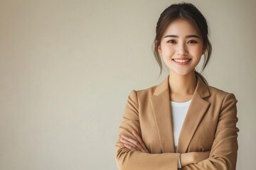 A confident portrait of a smiling Asian woman standing with arms crossed, wearing a stylish blazer, set against a neutral background with soft lighting for a professional look