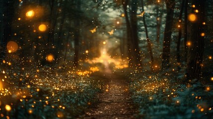 Magical forest path with glowing fireflies and butterflies at night.