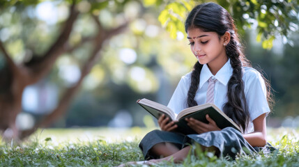 Fototapeta premium Indian girl sitting on grass under the tree reading a book studying