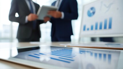 Business partners standing near a whiteboard in a modern office, using a tablet to cross-reference financial graphs with planning notes, dynamic and strategic mood