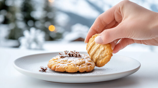 A hand grabbing a cookie from a plate, food festive event