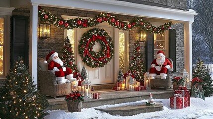 Festive Christmas Porch Decor with Santa Claus and Christmas Trees