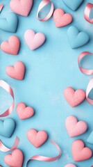 Obraz premium A vibrant blue background with pink and light blue heart-shaped decorations and ribbons, creating a festive and romantic atmosphere.