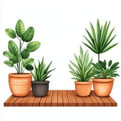 Obraz premium Beautiful collection of potted plants on wooden shelf, showcasing vibrant greenery and diverse shapes. Perfect for home decor