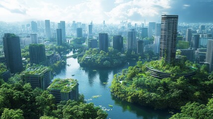 Fototapeta premium green energy biomass solutions concept. A futuristic cityscape harmoniously blending nature and modern architecture, featuring lush greenery surrounding sleek skyscrapers and a winding river.