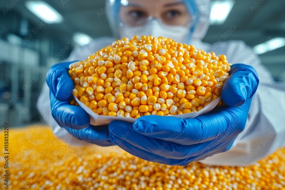 Poster A scientist in protective gear examining GMO corn kernels glowing under UV light in a high-tech lab